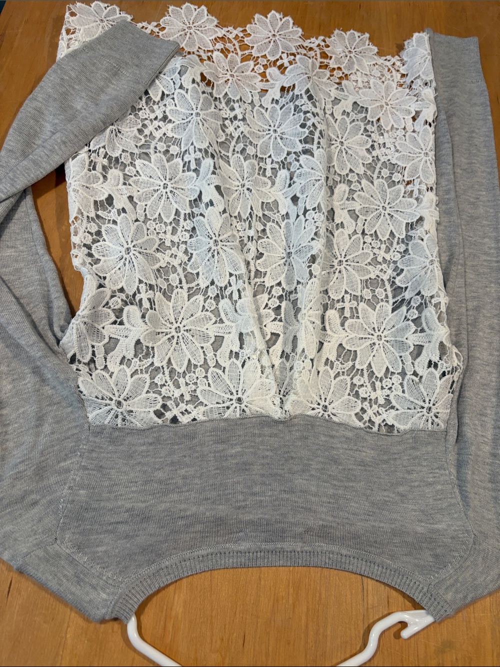 Chelsea28 Gray Crewneck Sweater with White Floral Lace Front